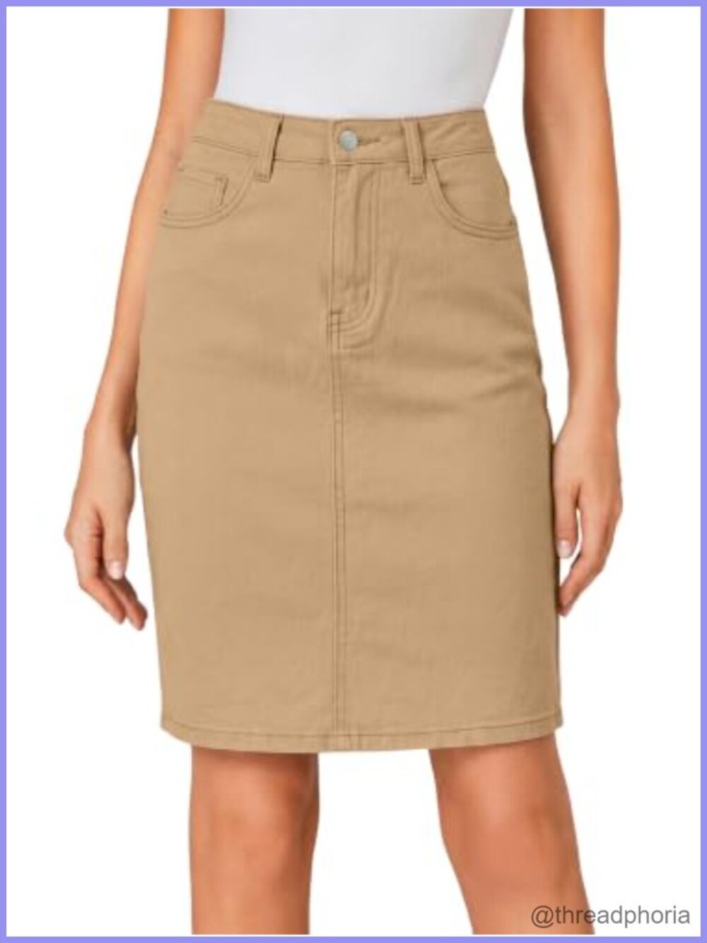 High Waist Stretch Denim Midi Skirt with Pockets
